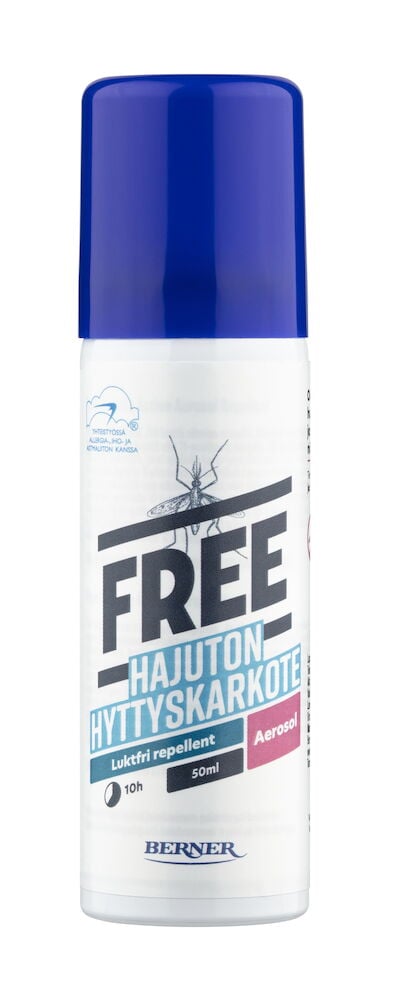 Valkoinen Hyttyskarkote Aerosol Free 50 ml purkki sinisellä korkilla ja hyttyskuvalla etiketissä.