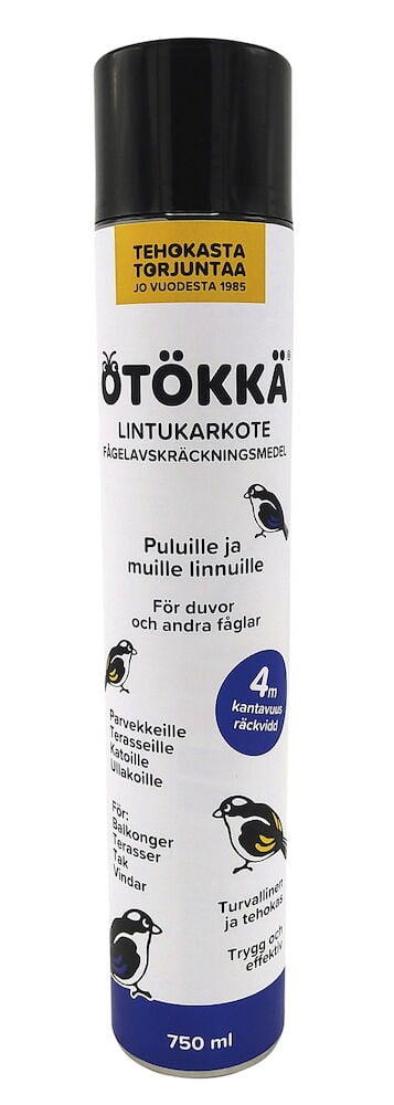 Valkoinen spraytölkki, jossa on sininen etiketti ja lintukuvia.