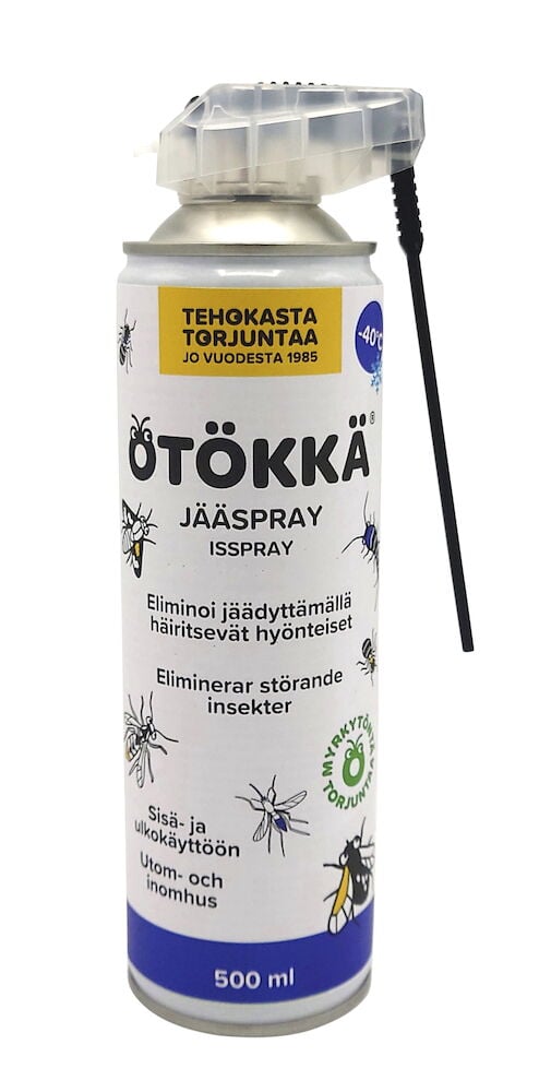 Suihkupullo, jossa on kapea suuttimenvarsi ja hyönteiskuvia.