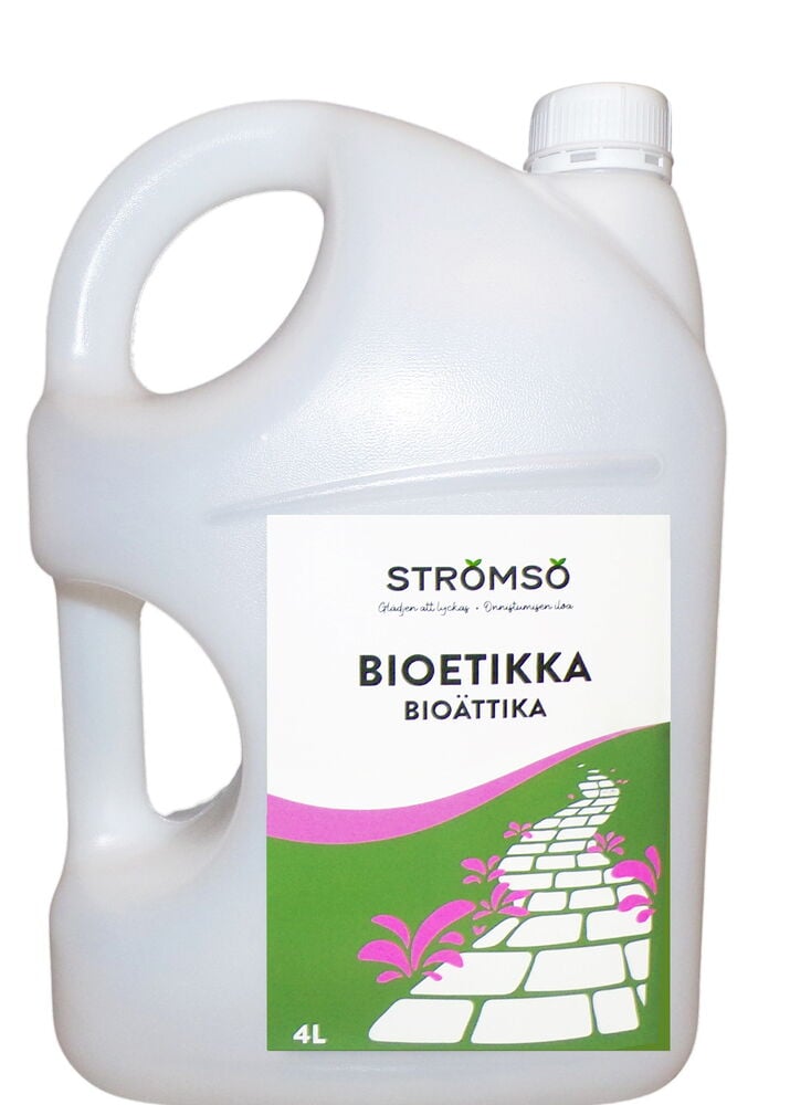 Suuri muovisäiliö etiketillä bioviinietikkaa varten.