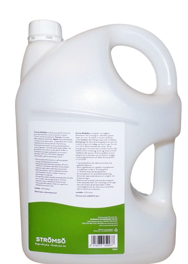 Valkoinen muovikanisteri vihreällä etiketillä ja kahvalla.