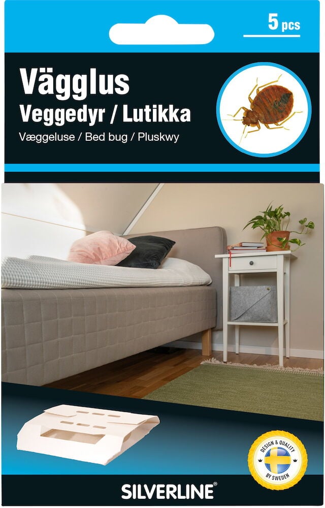 Pakkaus, jossa viisi seinäloukkuja sängyn vieressä.