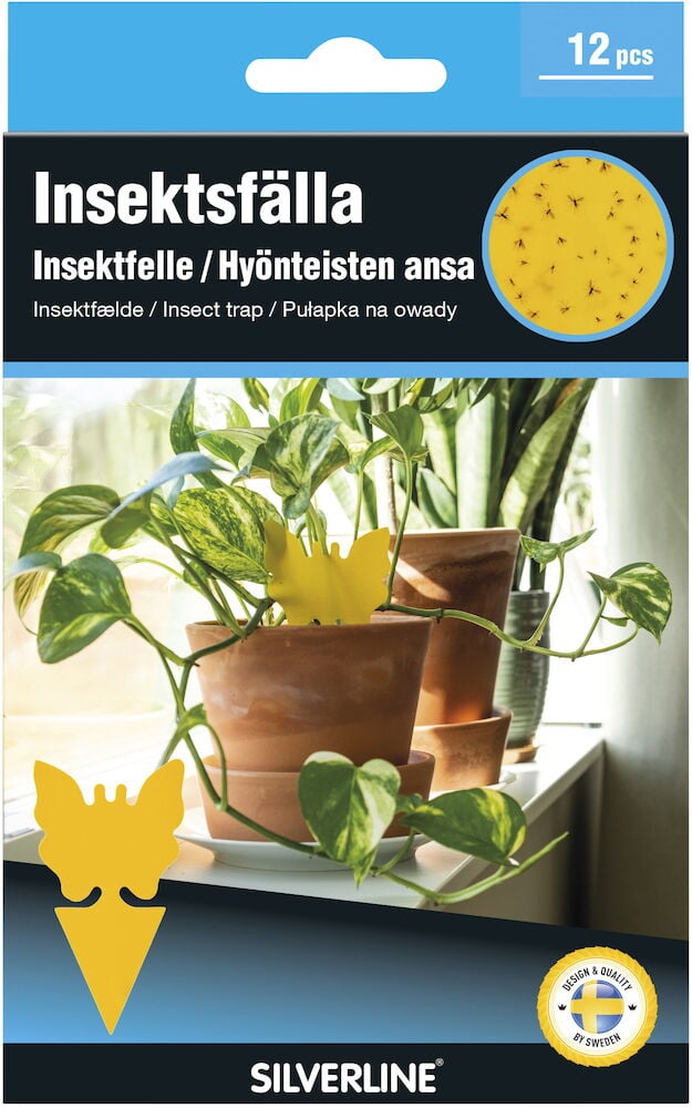 Keltainen liima-ansa kukkaruukussa ikkunalaudalla.