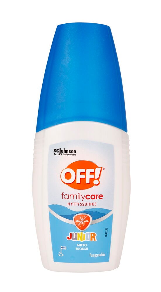 Hyönteiskarkotespraypullo, jossa on sininen korkki, junior.