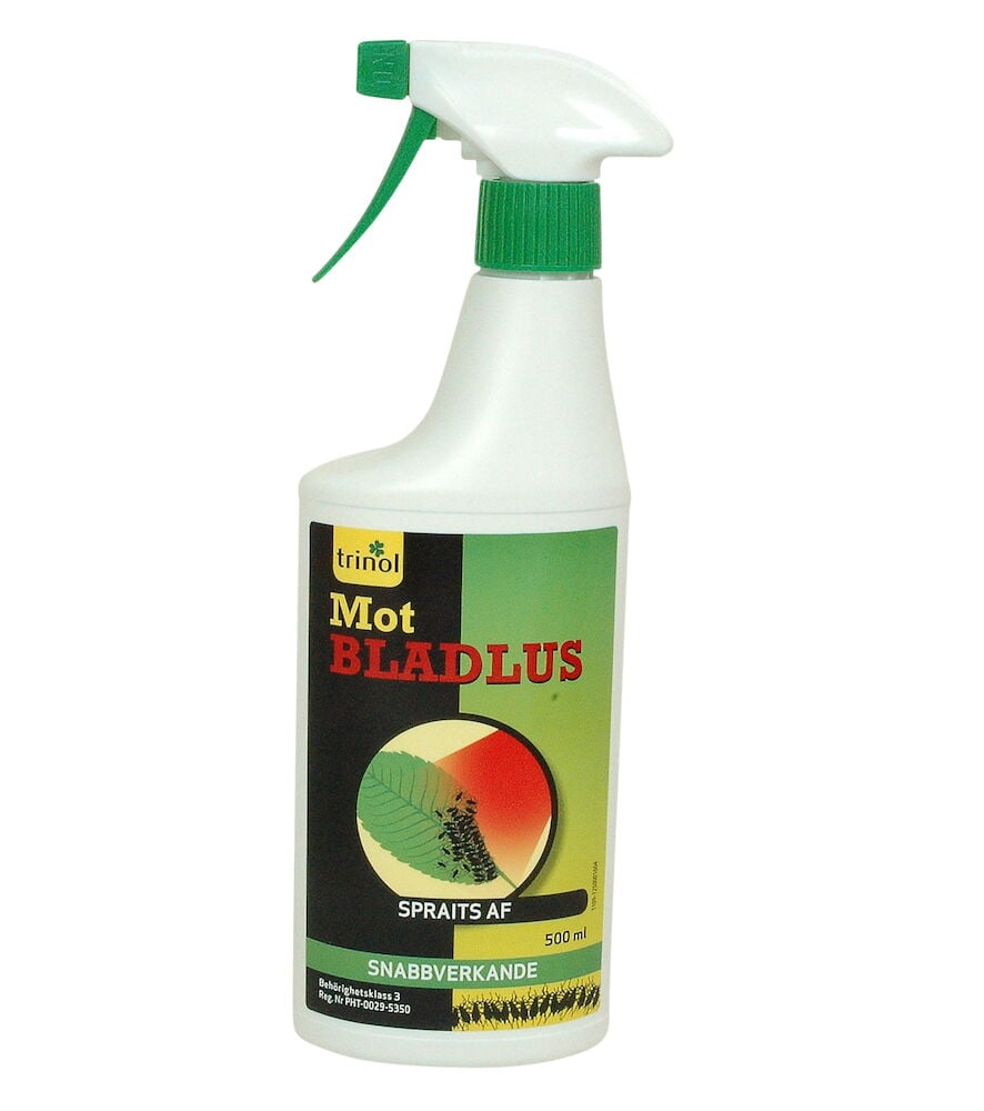 Valkoinen suihkepullo, jossa vihreä etiketti, kirvoja vastaan.