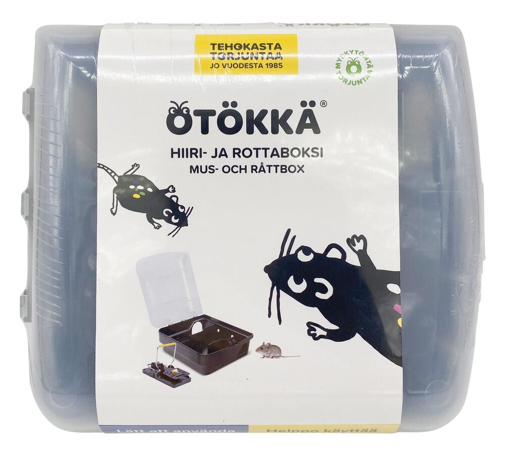 Läpinäkyvä hiiri- ja rottaloukku, jossa on piirrettyjä rottia.