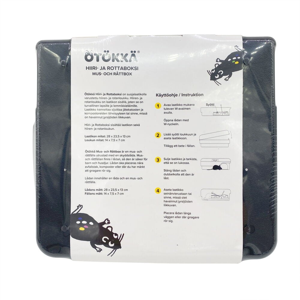 Musta hiiri- ja rotanloukku, jossa ohjeet paperilla.