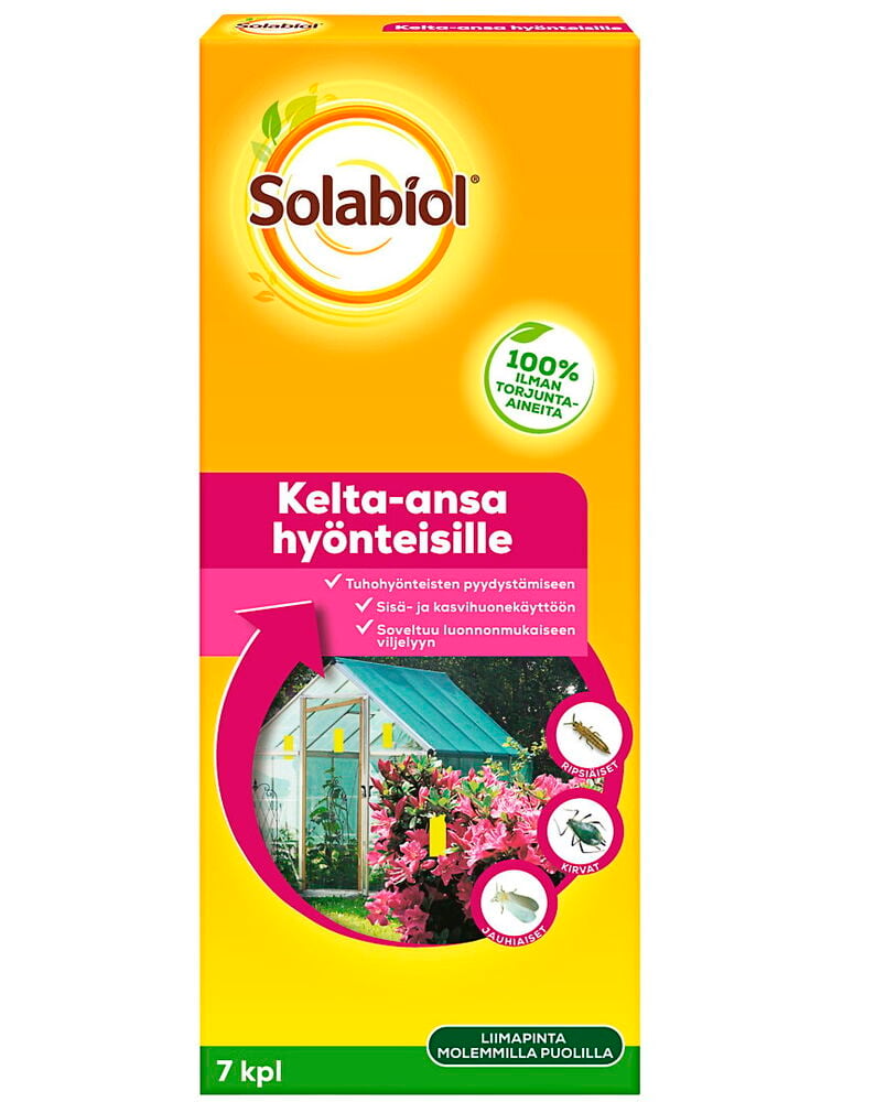 Keltainen ja pinkki tuotepakkaus Kelta-ansa hyönteisille, näyttää kasvihuoneen, hyönteisiä ja 7 kpl.