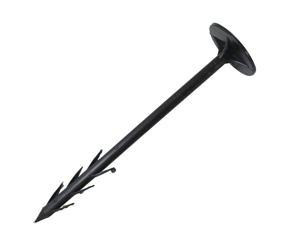 Musta muovipiikki litteällä päällä ja harjanteilla.