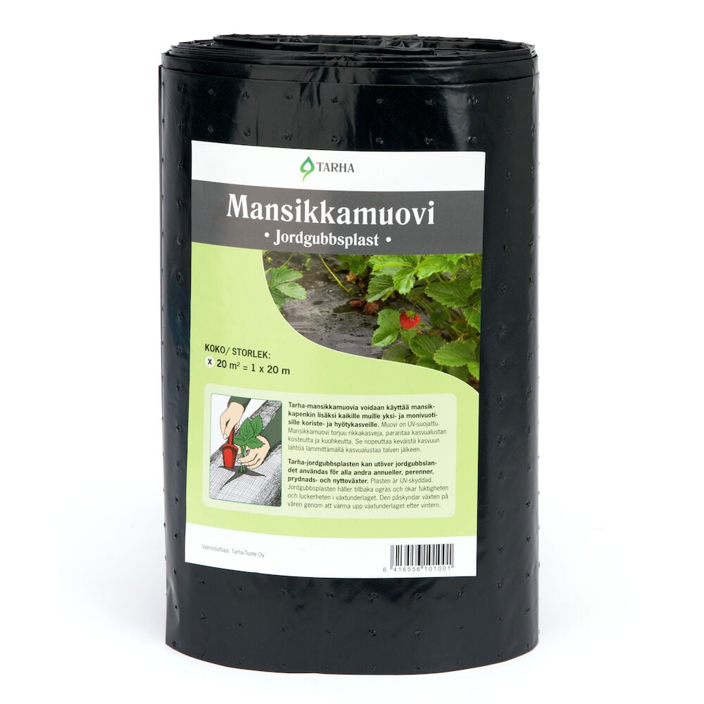 Musta muovirulla mansikanviljelyyn etiketillä.