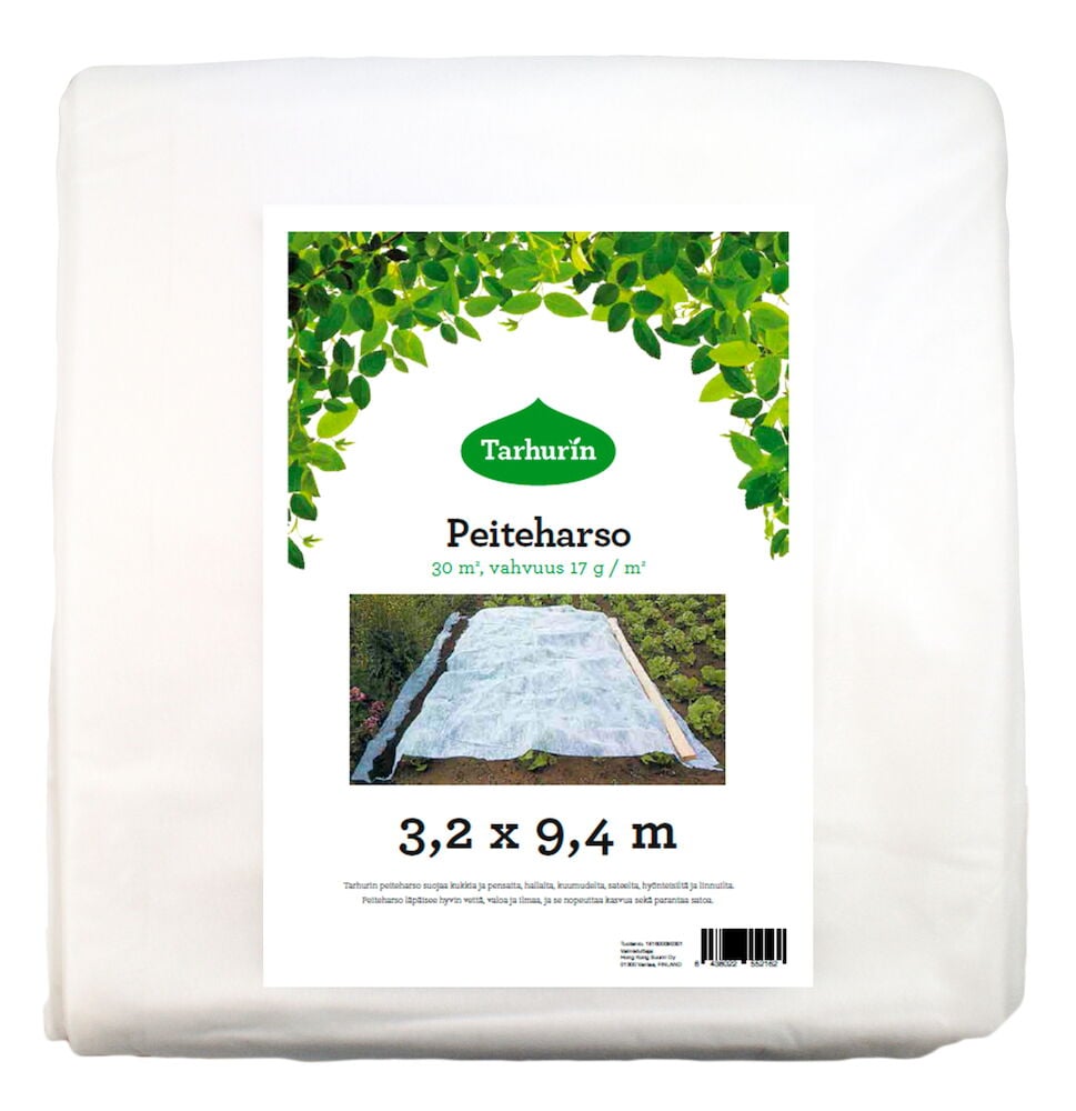 Valkoinen kuitukangas taitettu, etiketti edessä.