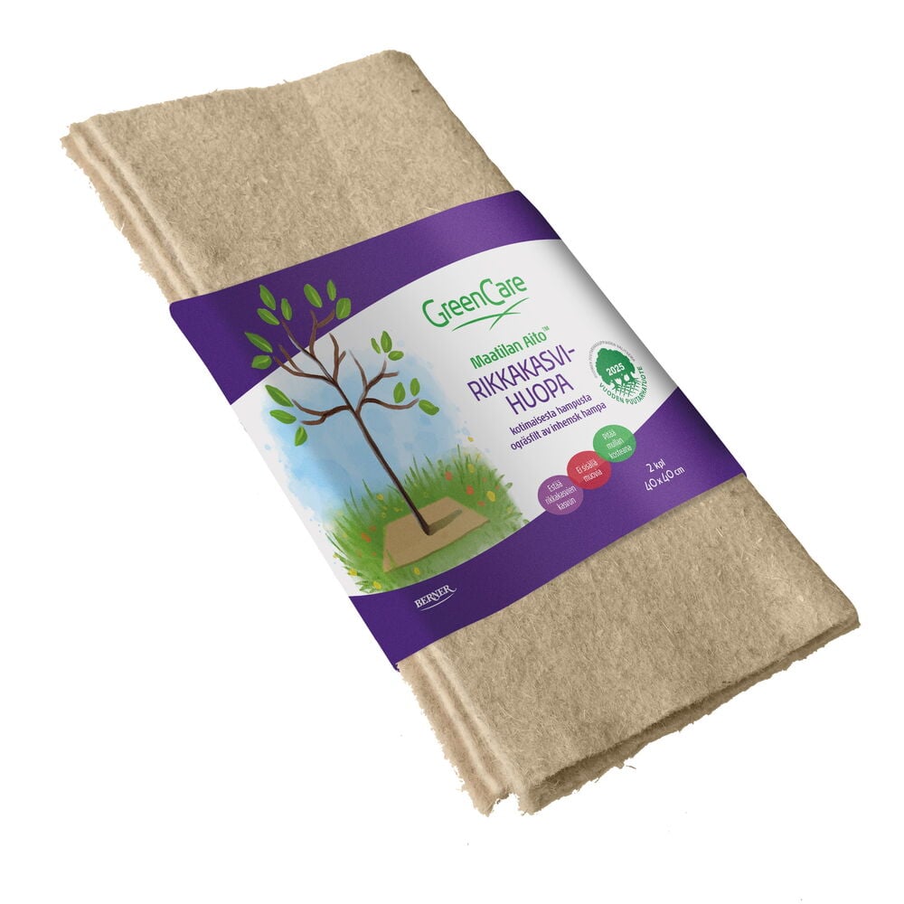 Painava beige rikkaruohokangas, jossa lila etiketti.