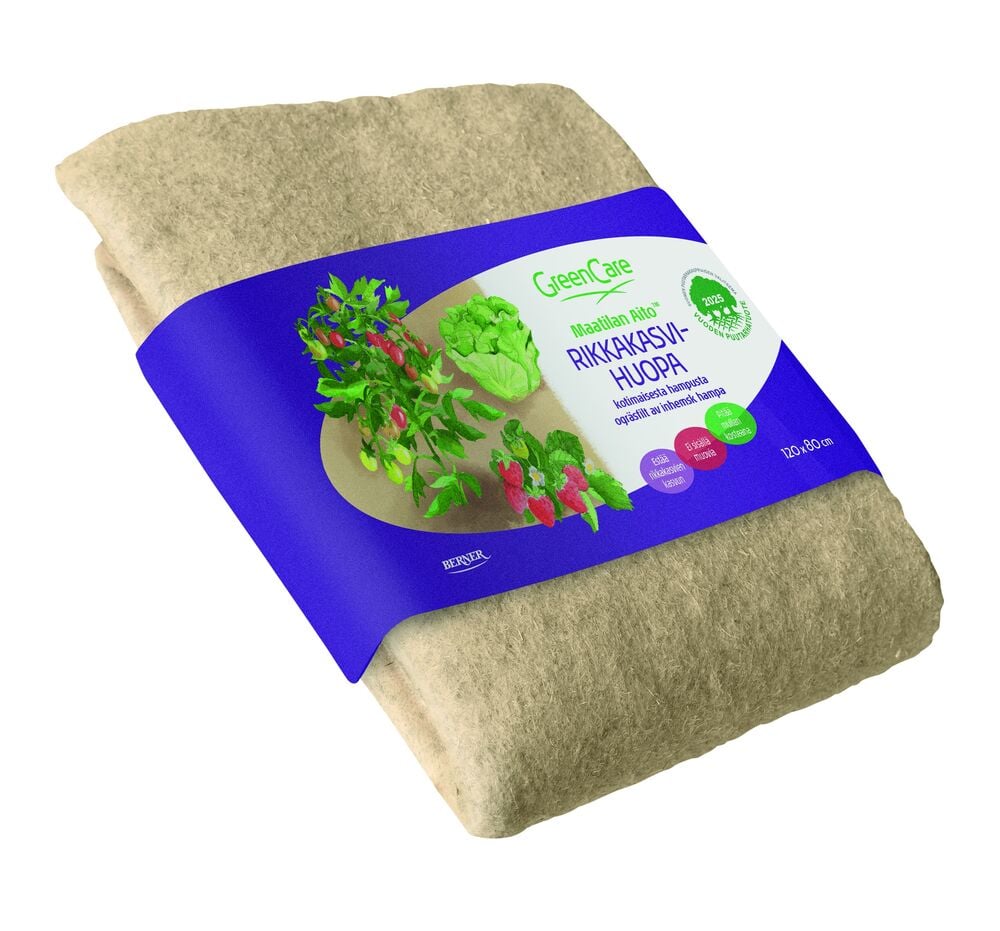 Luonnollinen rikkakasvipeite, jossa sininen paperietiketti.