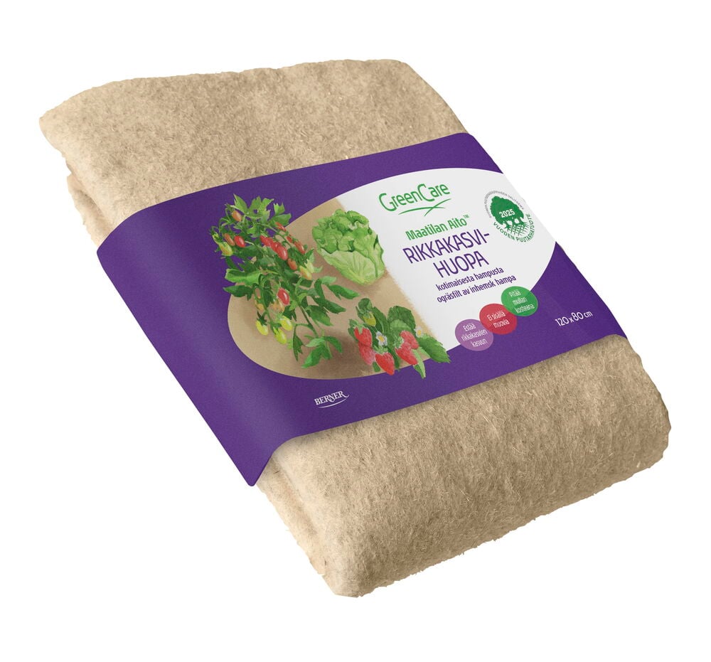 Luonnonvärinen rikkaruohosuoja violetilla etiketillä.