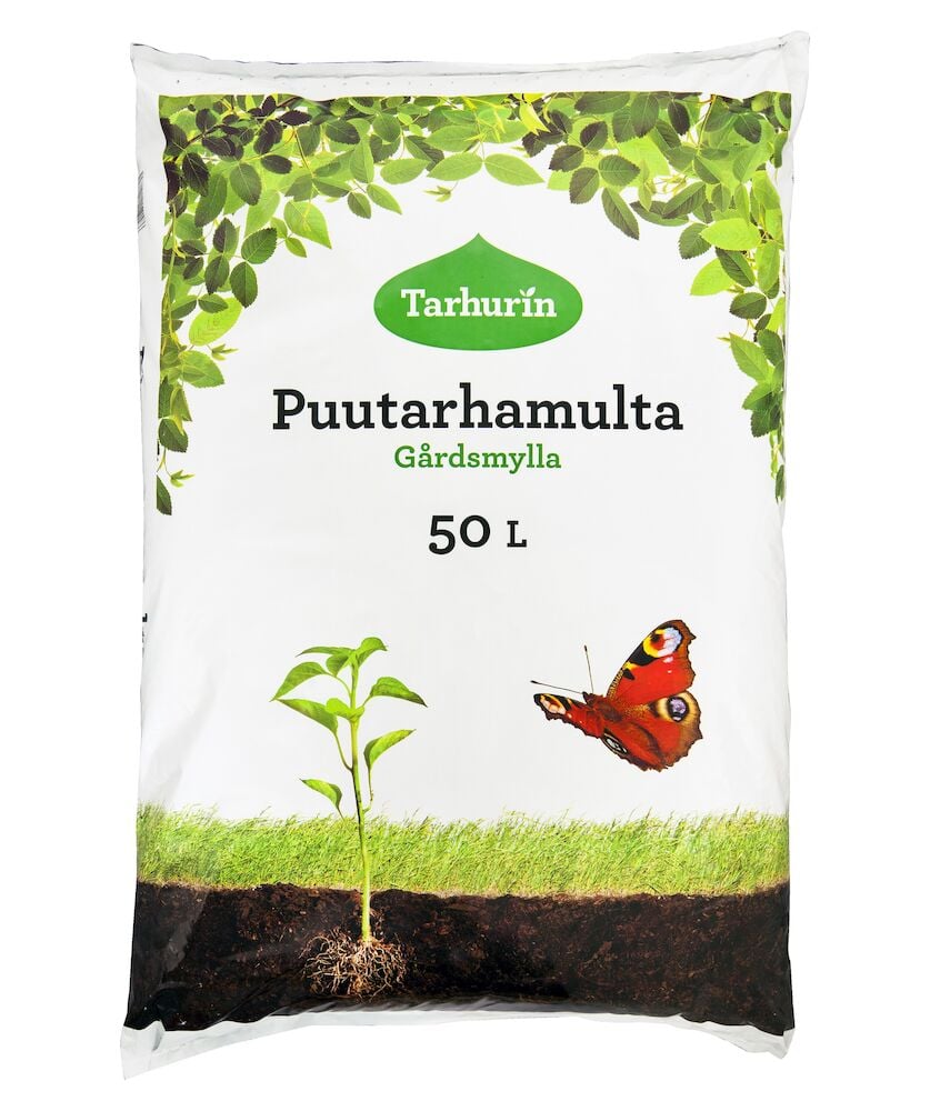 Pussi puutarhamultaa kasvin ja perhosen kera.