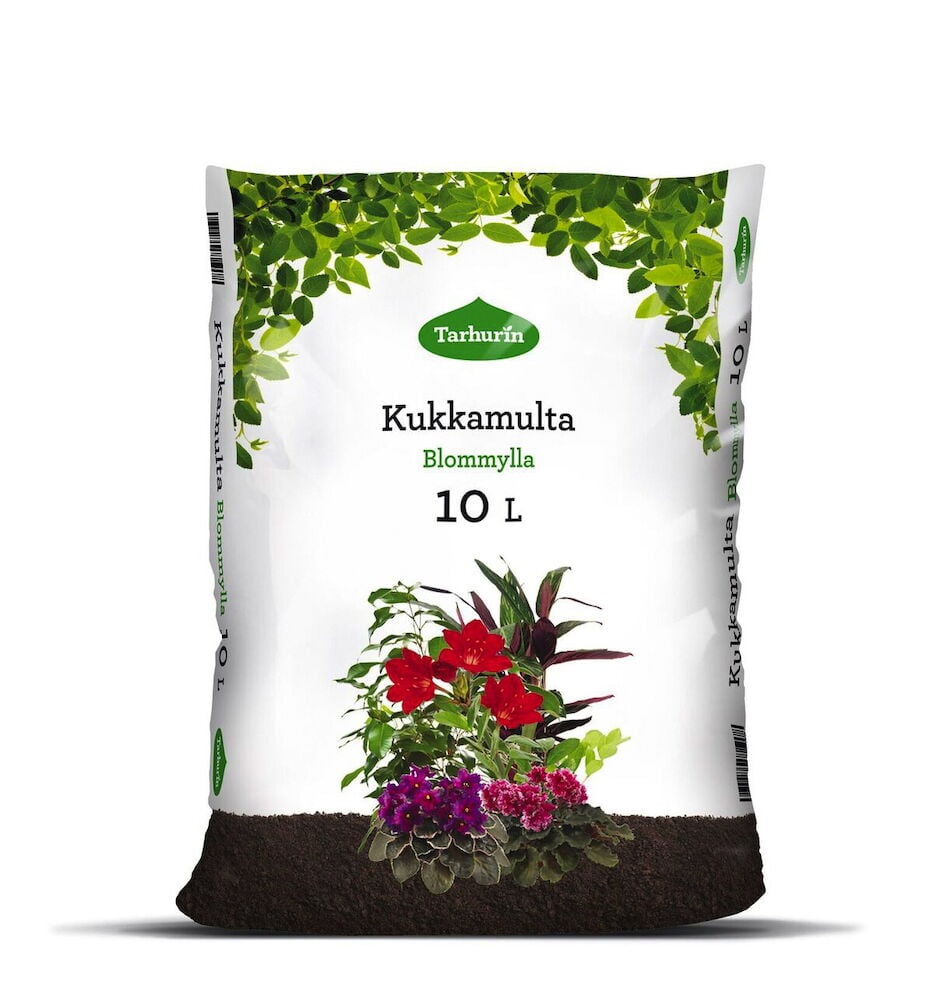 Valkoinen kukkamultapussi, jossa on värikkäitä kukkia.