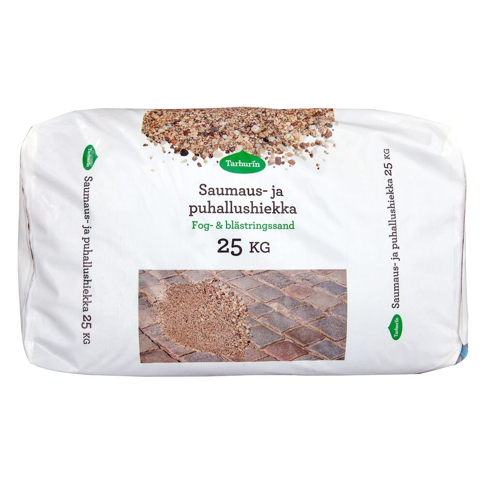 Valkoinen pussi saumaushiekkaa 25 kg rakennustöihin.