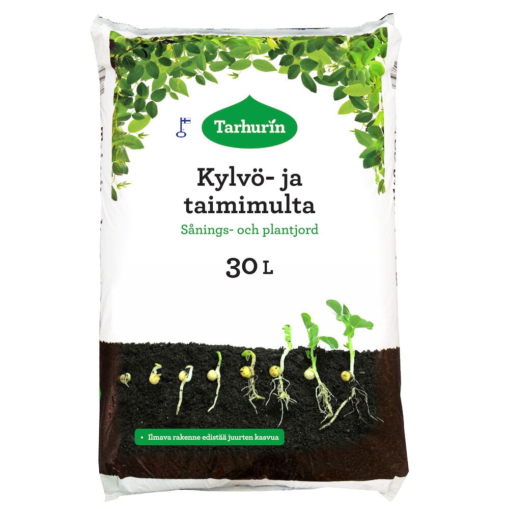 Valkoinen säkki kasvualustalla ja kasvavia kasveja.