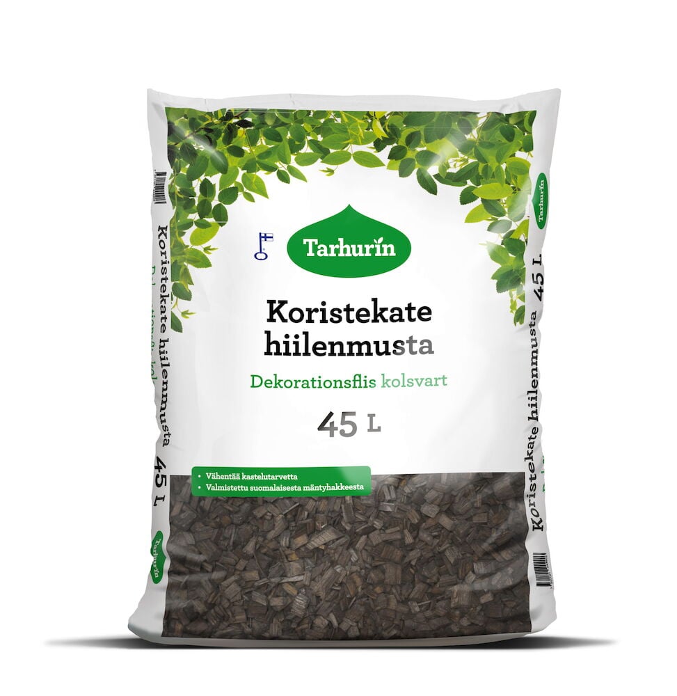 Muovisäkki mustalla koristemateriaalilla ja vihreällä etiketillä.