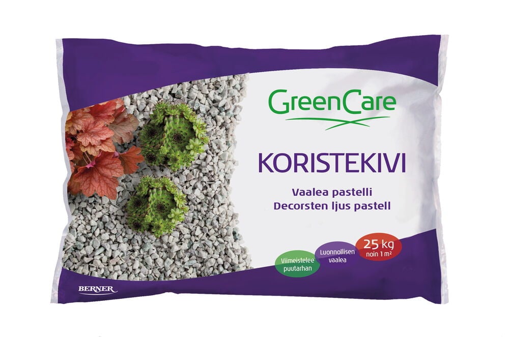 Pussi kirkkaita koristekiviä puutarhakäyttöön.