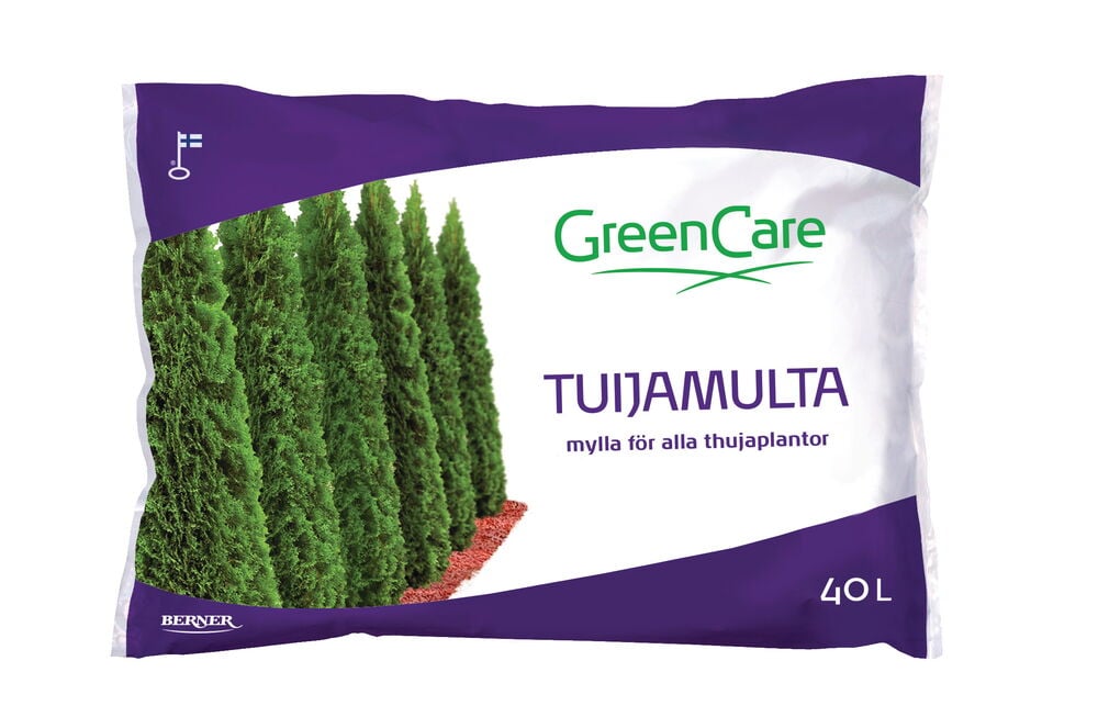 Valkoinen tuijamultapussi, jossa on vihreitä tuijoja.