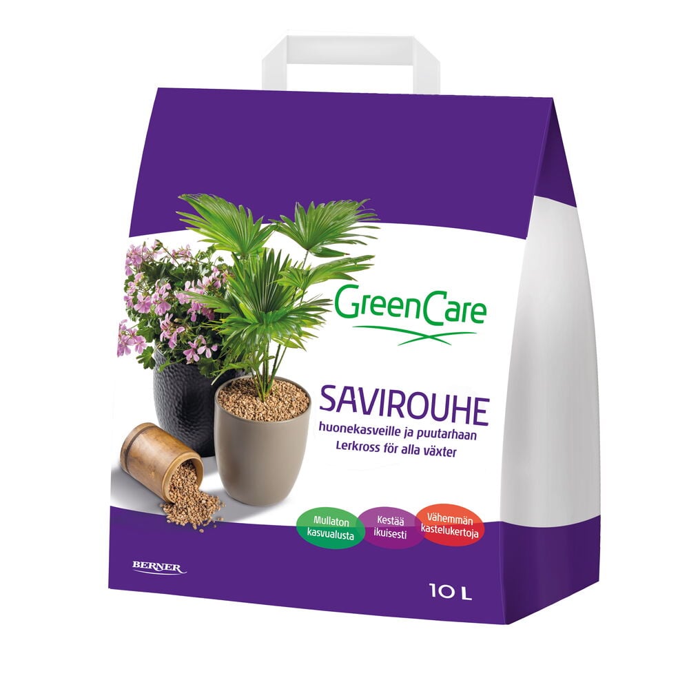 Pussi savimurskaa, kaksi ruukkukasvia, pieni kastelukannu.