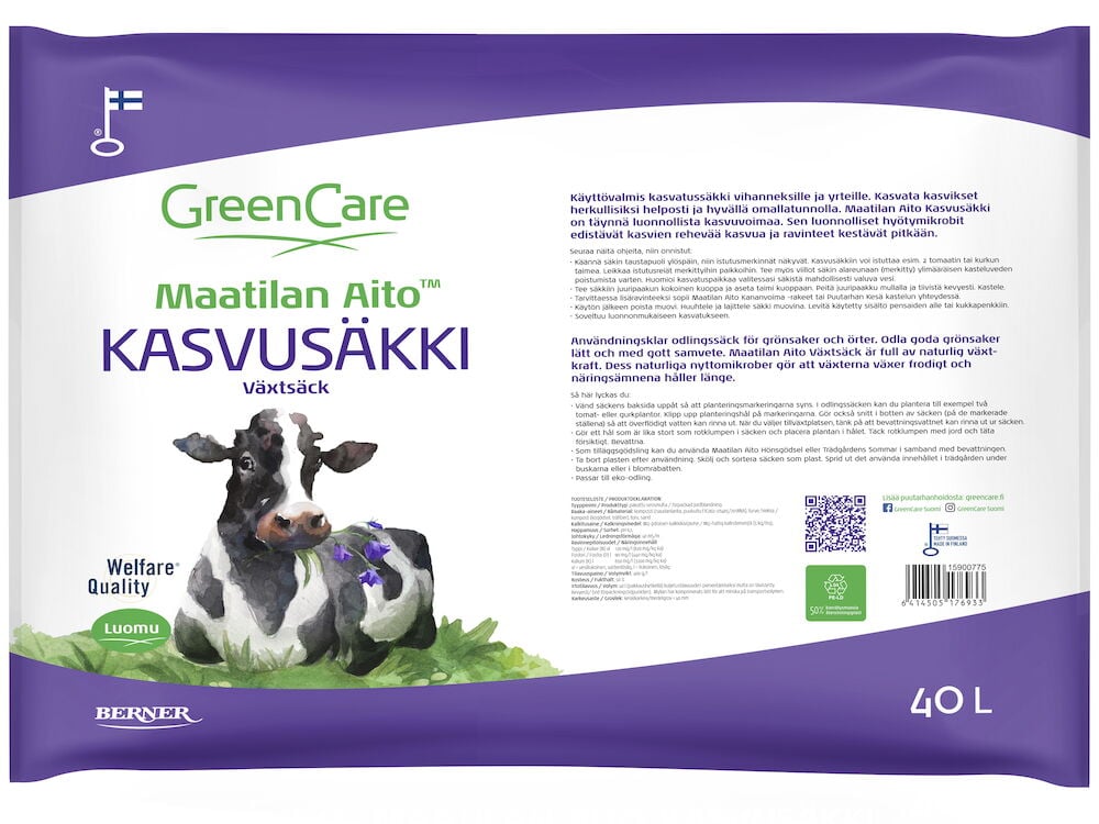 Valkoinen pakkaus, jossa on lehmäkuvitus ja teksti kasvualustasta.