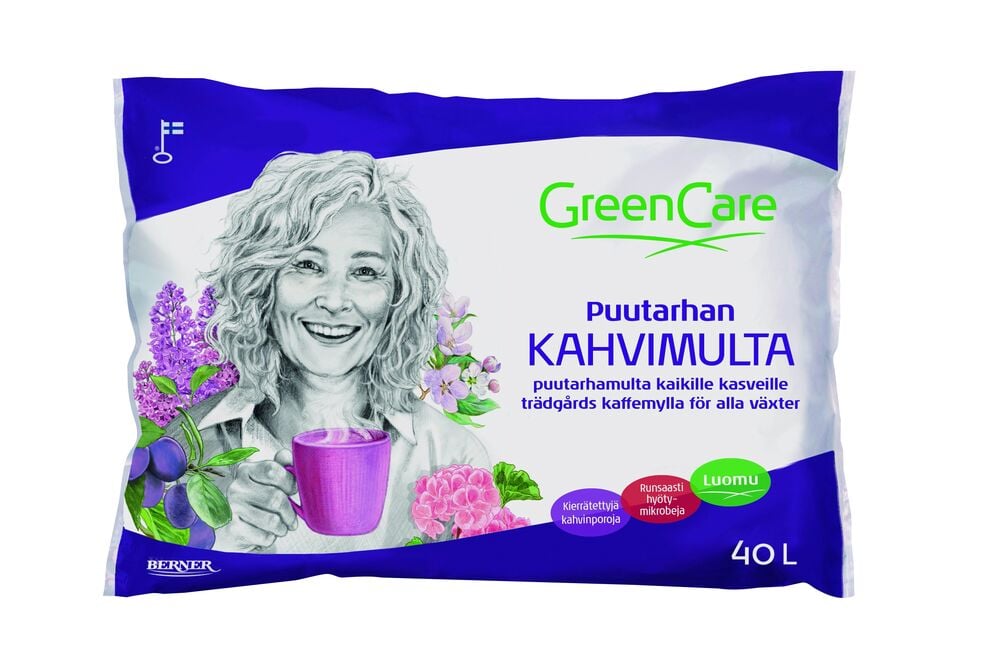 Pussi multaa, nainen juo kahvia, kukkaillustrointeja.