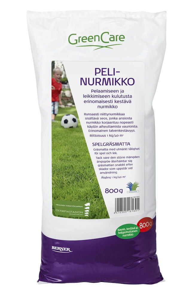 Valkoinen pussi GreenCare-ruohonsiemensekoitusta, jossa on kuva nurmikosta.