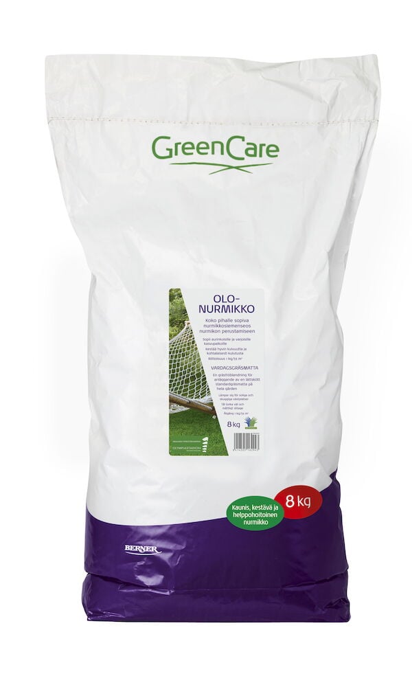 Valkoinen ja violetti pussi GreenCare nurmikonsiemeniä 8 kg.