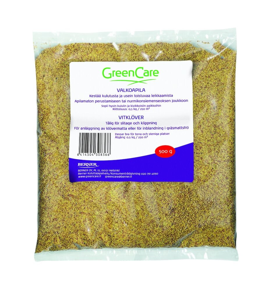 Läpinäkyvä pussi valkoapilansiemeniä ja etiketti.