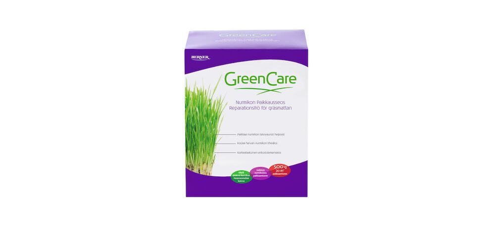 Violetti pakkaus GreenCare nurmikonsiemenseos korjaustöihin.