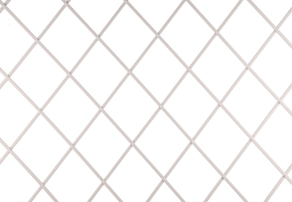 Valkoinen muoviristikko köynnöskasveille ruutukuviona.