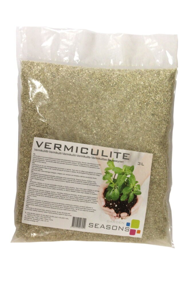 Läpinäkyvä pussi, jossa vaaleanruskeaa vermikuliittia, kolme litraa.