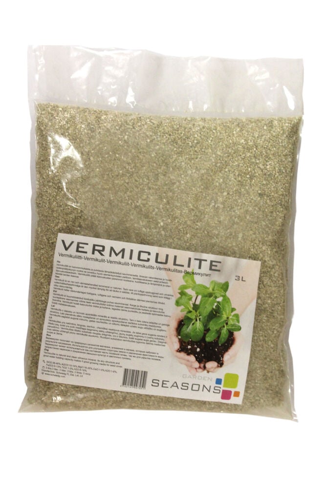 Muovipussi vermikuliitilla maanparannukseen, kolme litraa.