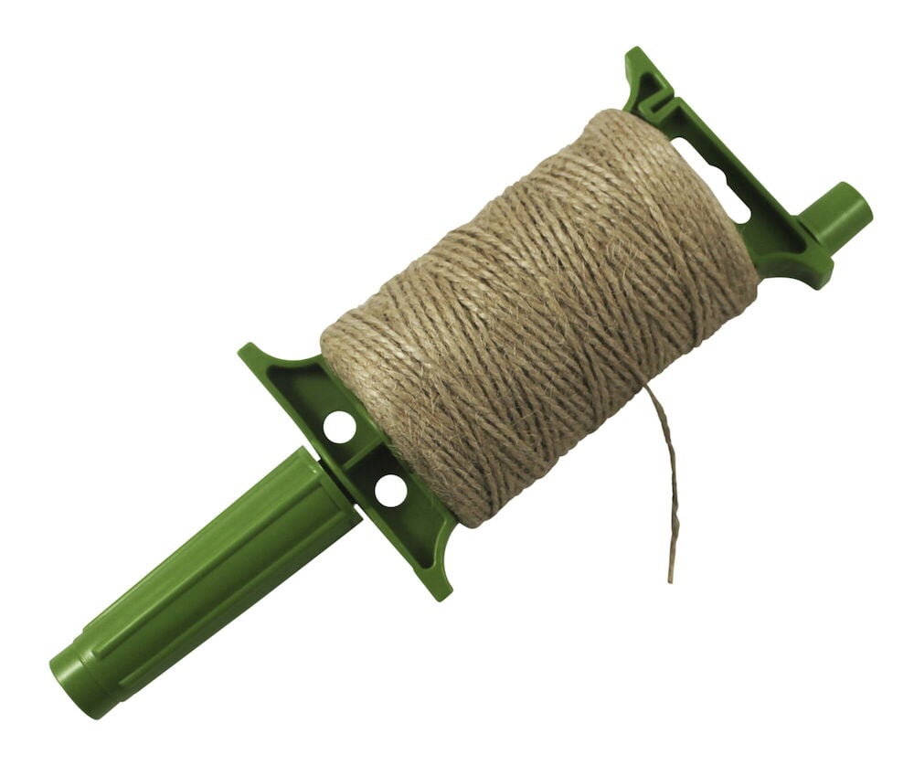 Rulla jute lankaa ja vihreä kahva.