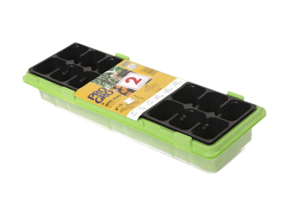 Limen värinen minikasvihuone läpinäkyvällä kannella ja ruukuilla.