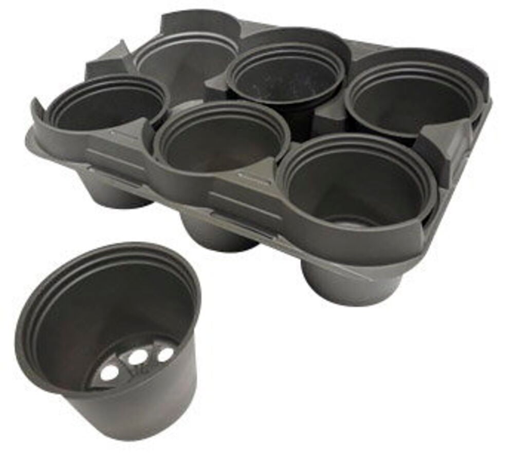 Tummanharmaa Ruukkualusta Vefi kuudella pyöreällä ruukulla ja yhdellä erillisellä ruukulla, jossa on tyhjennysaukot.