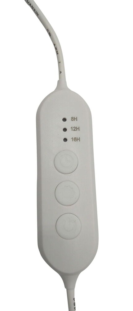 Valkoinen ajastinohjain kolmella painikkeella ja LED-merkkivaloilla.