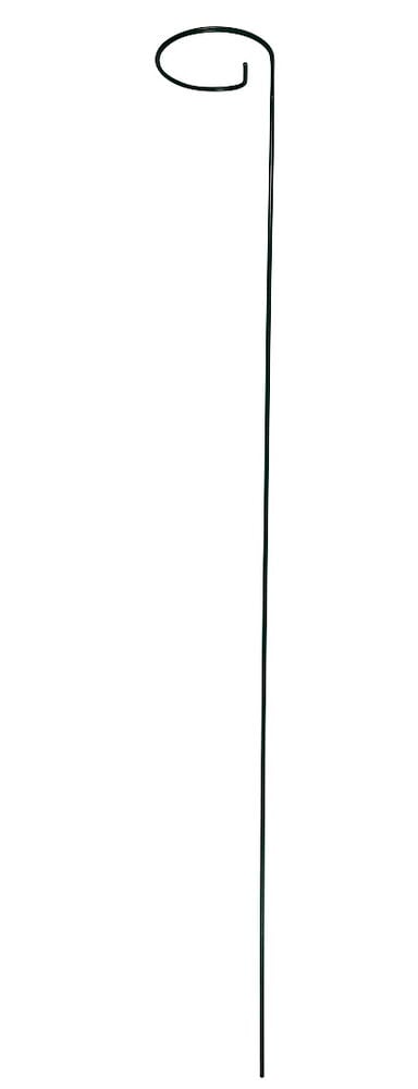 Pitkä vihreä metallinen kukkatuki, jossa on koristeellinen kaareva koukku ylhäällä, 60 cm.