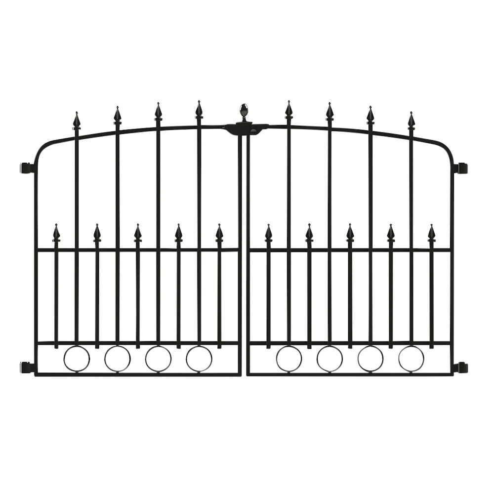 Musta taottu portti, jossa terävät kärjet ja ympyräyksityiskohdat.