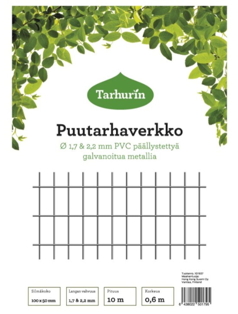 Vihreä muovipinnoitettu puutarhaverkko valkoisella taustalla.