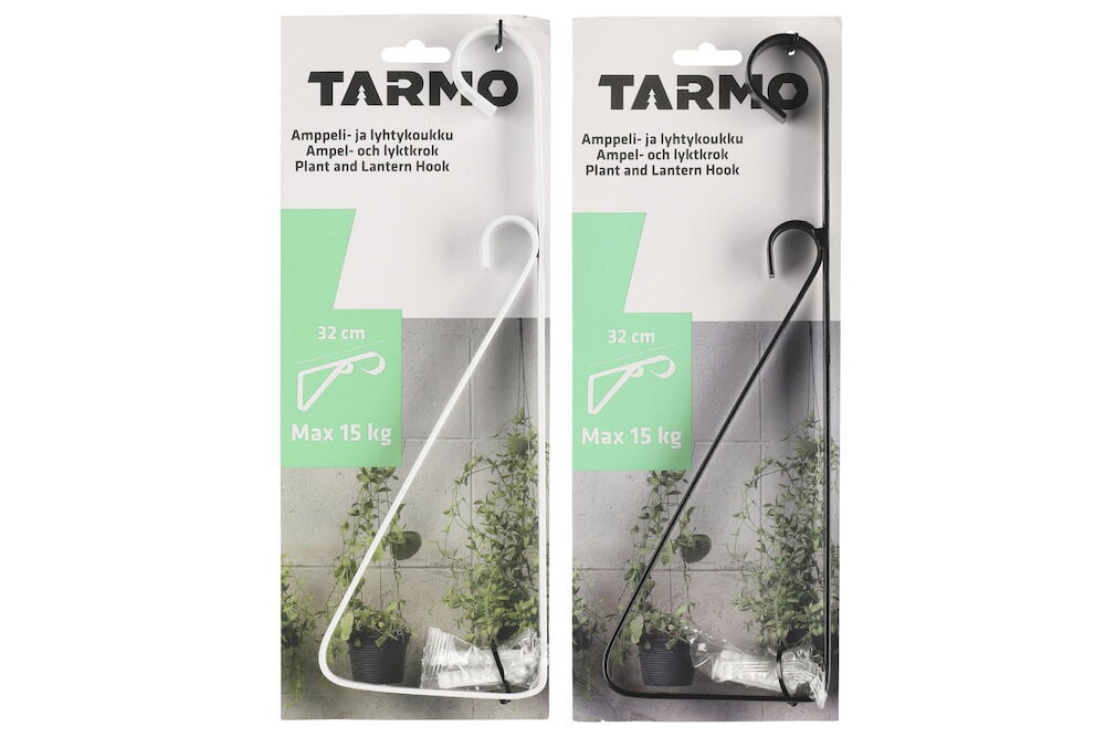 Yksi valkoinen ja yksi musta seinäkoukku pakkauksissa.