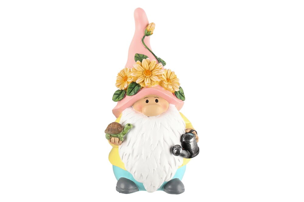 Monivärinen puutarhatonttu kukilla ja kastelukannulla.