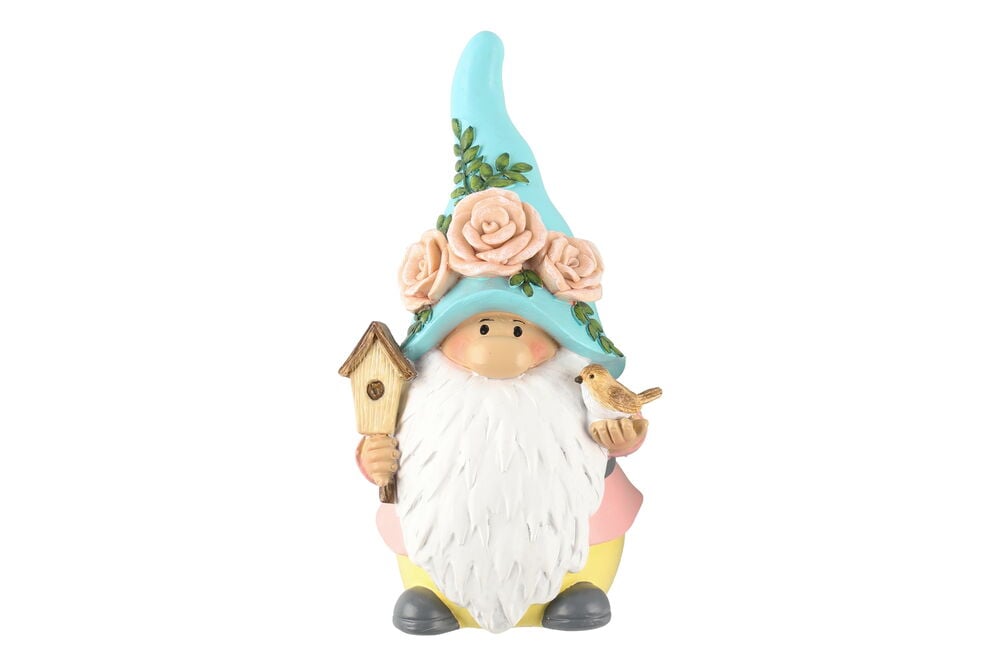 Monivärinen puutarhakääpiö, jolla on sininen hattu ja lintu.