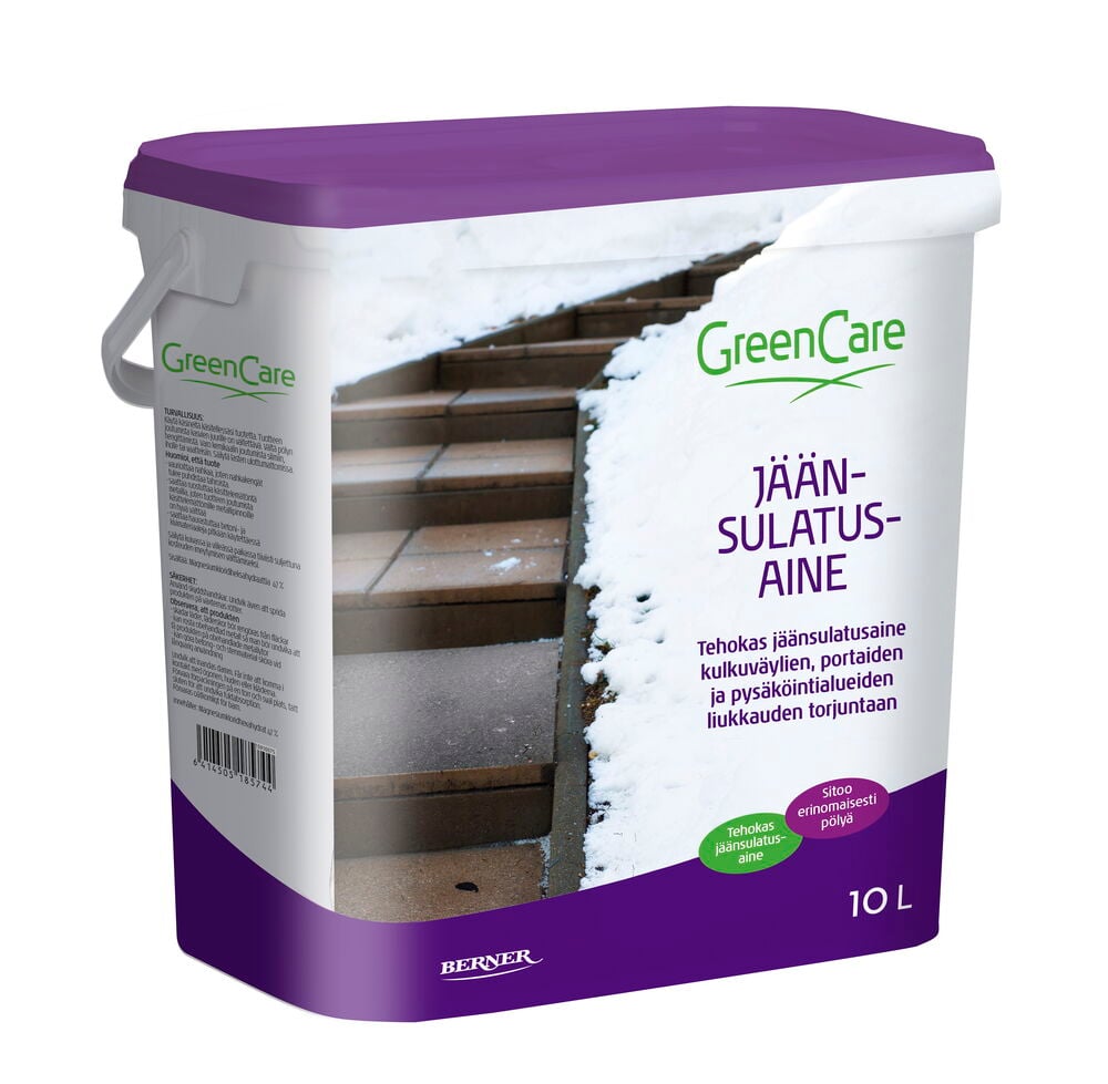 Valkoinen muoviämpäri, jossa on violetti kansi ja etiketti.