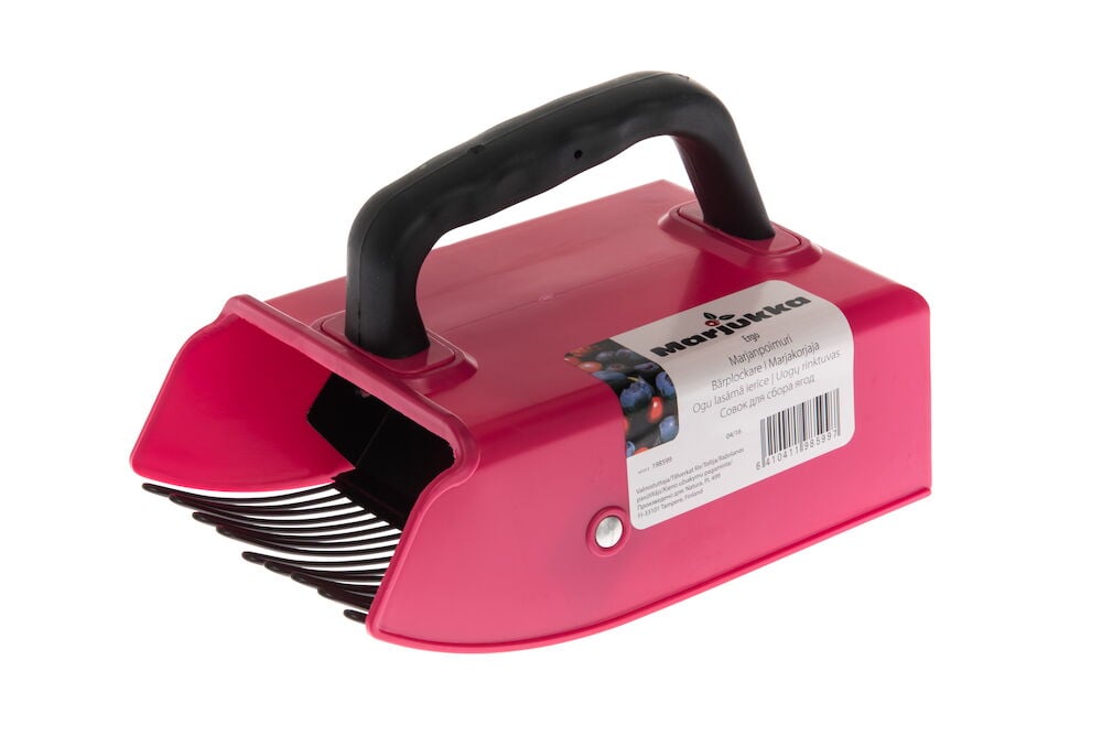 Vaaleanpunainen marjanpoimuri mustalla kahvalla ja muovitapeilla.