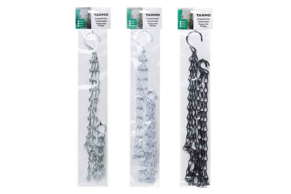 Kolme Amppeliketju Tarmo 60 cm: hopeinen, sinkkinen ja musta metalliketju.