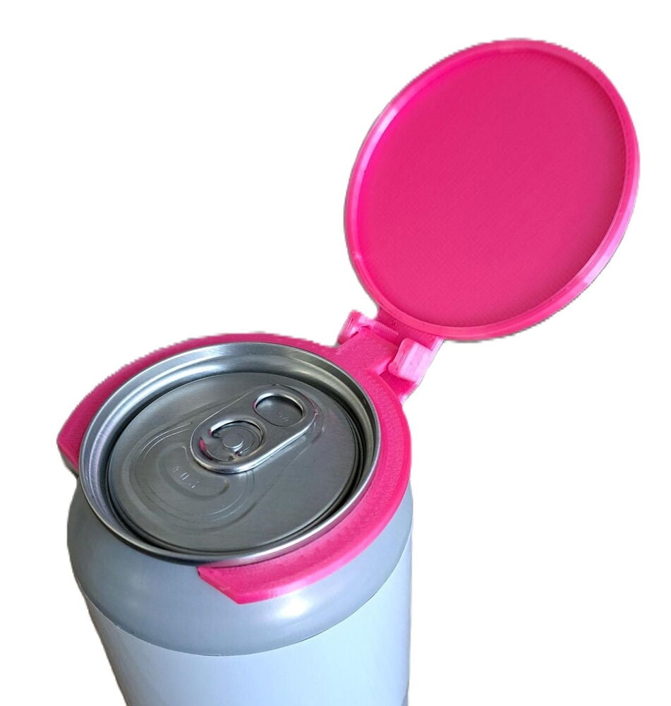 Vaaleanpunainen tölkkikorkki avatussa alumiinitölkissä.