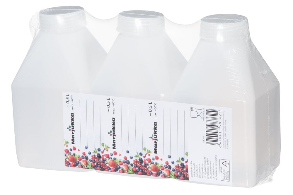 Kolme läpinäkyvää muovipulloa, joissa on valkoiset korkit.